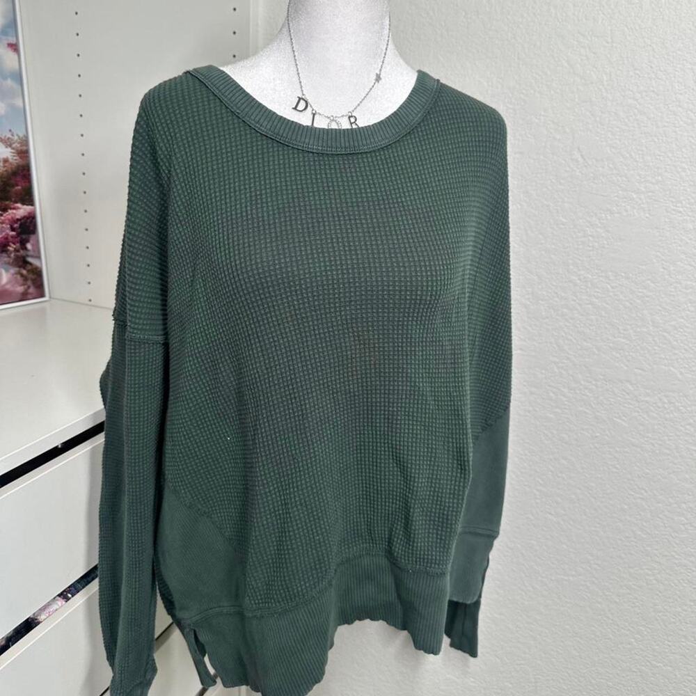 aerie Dark Green Off-Shoulder Waffle Knit Top - Picture 2 of 6